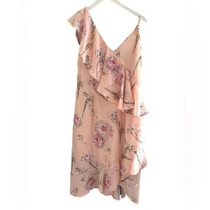 Women’s Floral Peach V-Neck Ruffle Dress Size 14